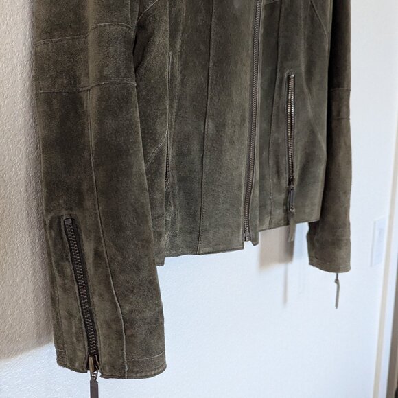 Alfani Leather Suede Short Boho Biker Standup Neck Jacket Dark Olive Green - Picture 8 of 14